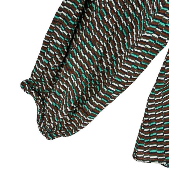 Apiece Apart Silk Blouse Top Womens Size 4 Brown Green White Geometric Print LS - Picture 3 of 8